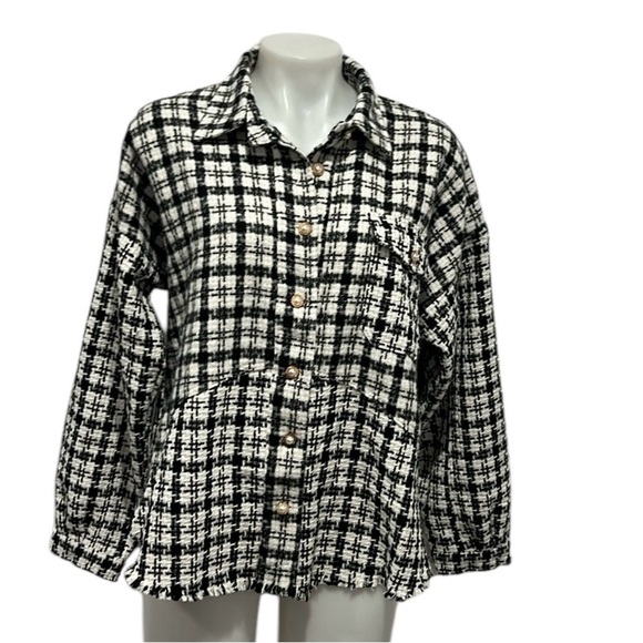Umgee black and white houndstooth pearl button down shirt size Small NWT - Picture 1 of 14
